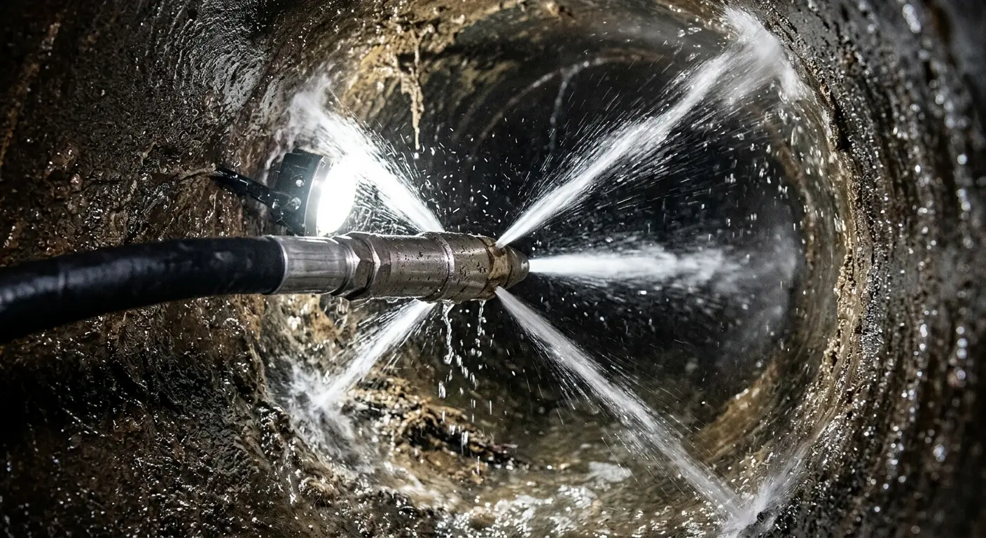 High-pressure hydro jetting nozzle cleaning sewer pipe for Sewer Cleanout in Glendale