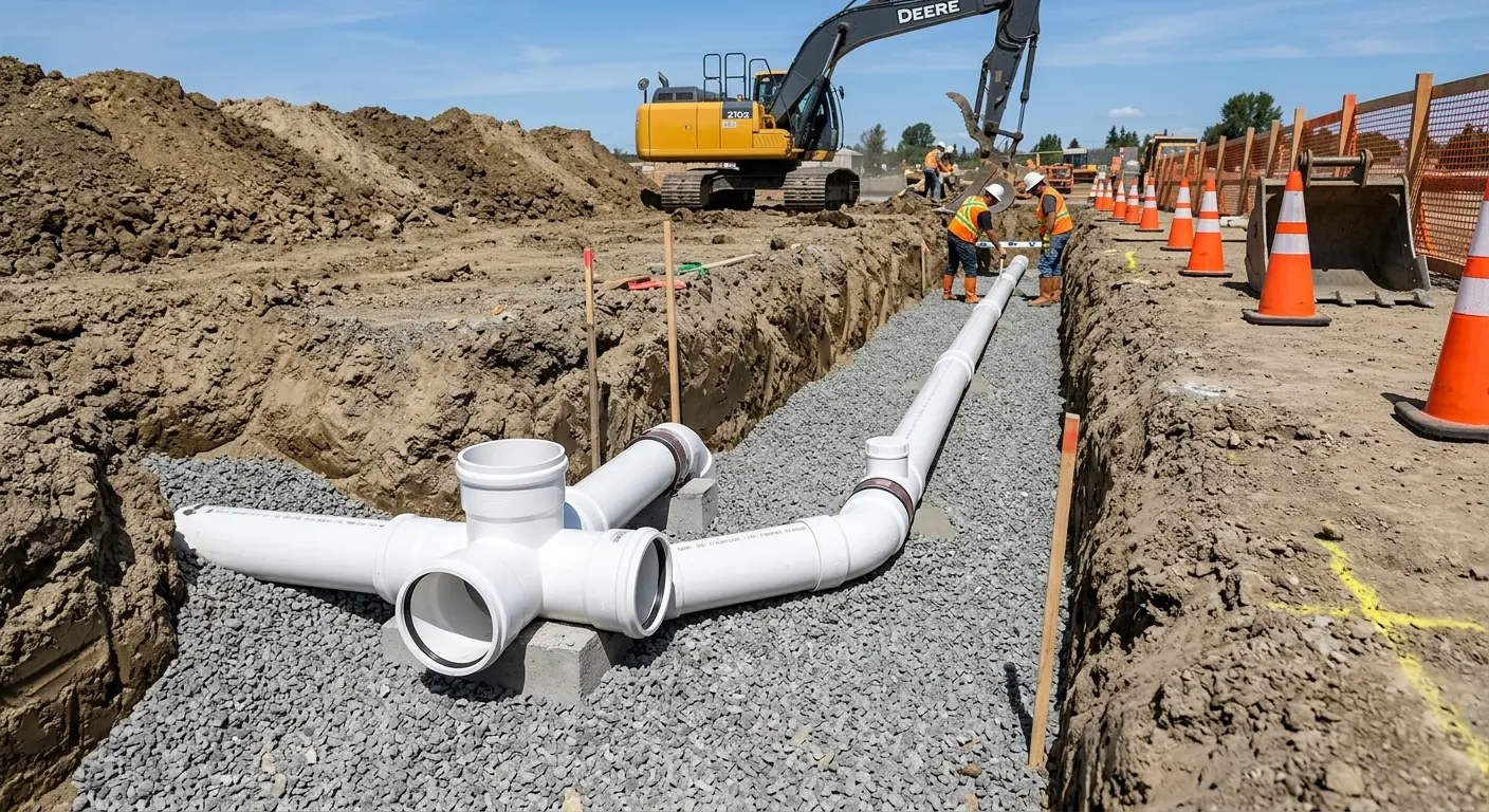 New PVC sewer pipe installation in open trench for Sewer Backup in Glendale