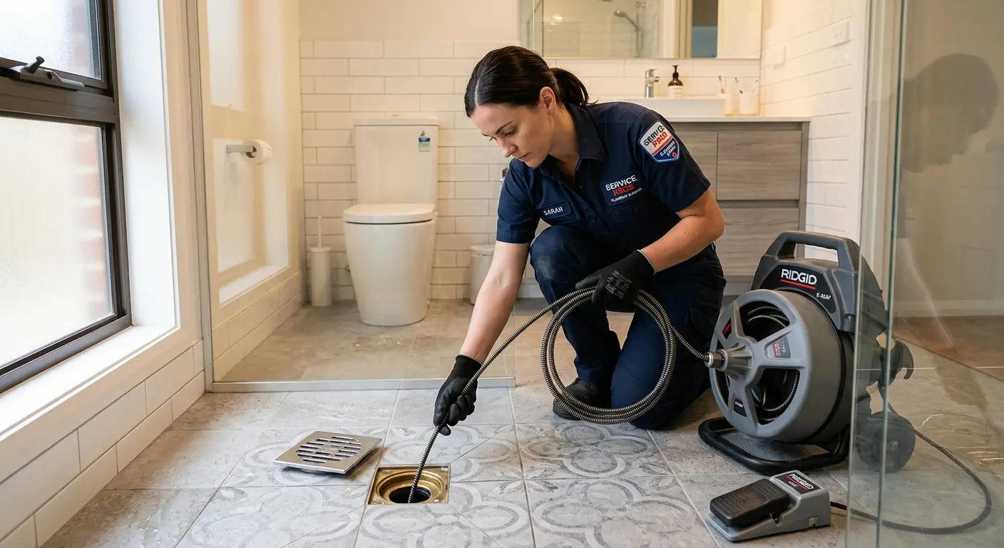 Technician clearing a bathroom floor drain for Hydro Jetting in Glendale